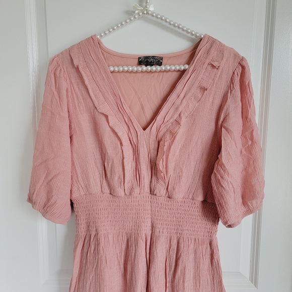 *Host Pick* Coral Peach V-Neck Balloon Sleeve Casual Mini Dress Sz Petite XL - Picture 5 of 10